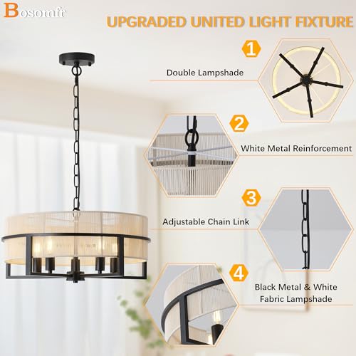 Large Boho Rattan Chandelier,Farmhouse Chandelier for Dining Room Modern Pendant Light Fixture 5-Light Hand Woven Pendant Light Rustic Ceiling - size: 19.5''
