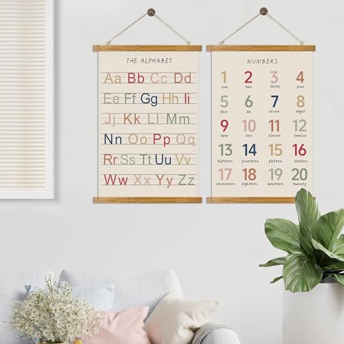 ABoby Vintage Illustrated Alphabet Numbers Chart Posters - Educational Nursery Wall Art for Classroom Homes - Retro Style Painting with Wood Frames - Ready to Hang - color: Alphabet and Numbers