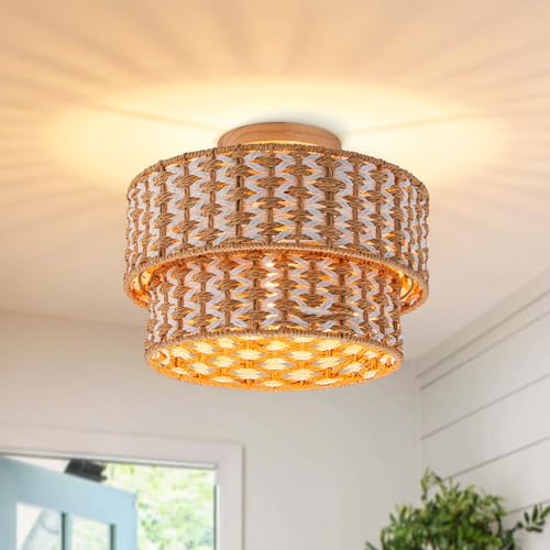 Boho Light Fixtures 2-Tier Rattan Ceiling Light Handwoven Drum Lamp Shade Flush Mount Ceiling Light Wooden Canopy Small Chandelier for Hallway Entryway Bedroom Kitchen Nursery Lights - color: 2-tone