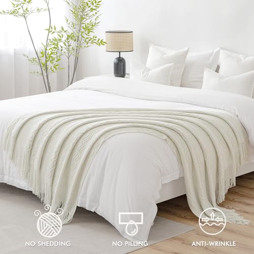 MIULEE Cream White Knitted Throw Blanket for Couch Textured Knit Blanket with Tassels Cozy Woven Boho Bed Blanket for Sofa Bed Chair Acrylic Wave Pattern 50"x60" - color: Cream White, size: 50" x 60"