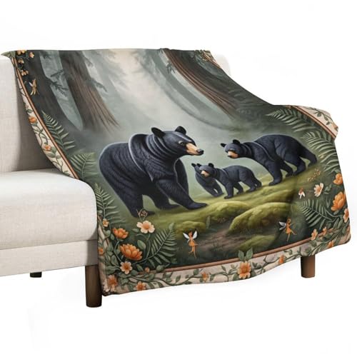Fantasy Black Bear Forest Tree Flower Super Soft Throw Blanket, Mystical Fairy Green Flannel Fleece Decorative Throw for Sofa Couch Bedroom Decor Outdoor Use 30"x40" - color: Fantasy Black Bear Forest Tree Flower, size: 30"x40"