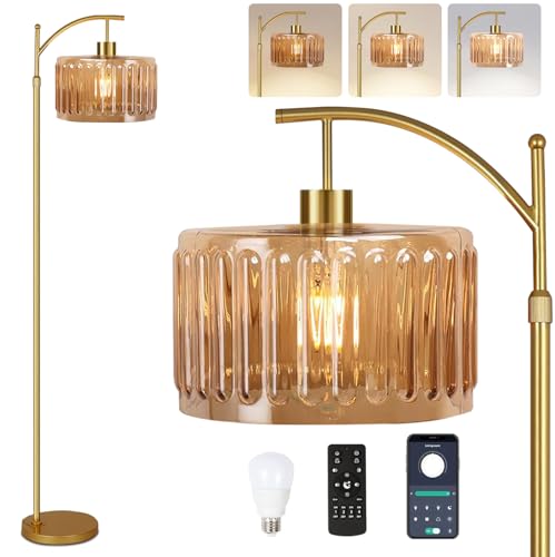 QIYIZM Glass Floor Lamp for Living Room,Bedroom,Gold Dimmable Standing Lamp with Remote,Mid Century Modern Brass Tall Lamp Boho Vintage Retro Floor Lamps Arc Amber Flower Floor Light Lamp Bohemian - size: 24-Floor Lamp