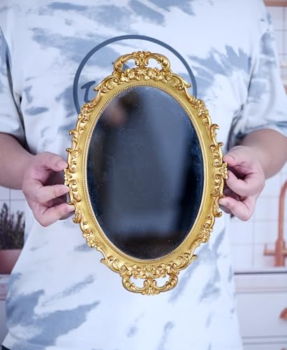 Tstarer 2 Pack - Vintage Decorative Gold Framed Mirror, Wall Hanging Mirrors & Tabletop Tray for Bedroom Living Room Dresser Decor, Oval- 9.6" W x 14.3" L (GOLD-2PACK) - color: Gold-2pack