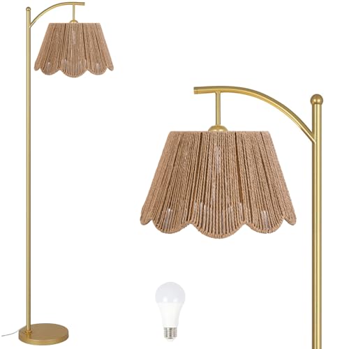 Arc Floor Lamp for Living Room with Remote Control，Rattan Boho Floor Lamp with Hand-Woven Wicker Shade, Foot Switch, Gold/Silvery Metal Base & Pole,Standing Lamp for Bedroom (Gold&Paper Rope) - color: Gold&Light Brown