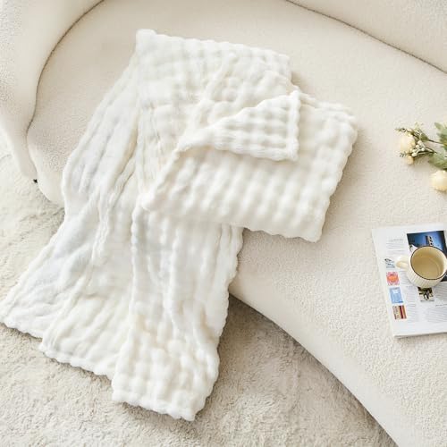 3D Bubble Plush Blanket Textured Fleece Throw Soft Warm Cozy Blanket Couch Bed Throw Snow White 50x60 Inches - color: Snow White, size: Throw(50"x60"）