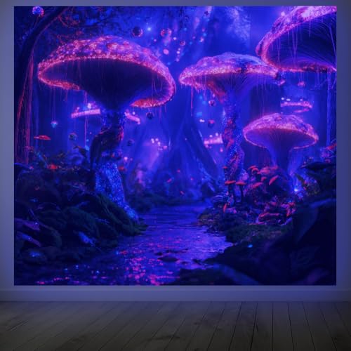 CRAFTYMELODY Mushroom Blacklight Tapestry Glow in the Dark Tapestry UV Reactive Neon Mushroom Forest Wall Hanging 59×51 Inch with Hook Self Adhesive Sticker Clip for Bedroom Home Wall Decoration - color: Mushroom