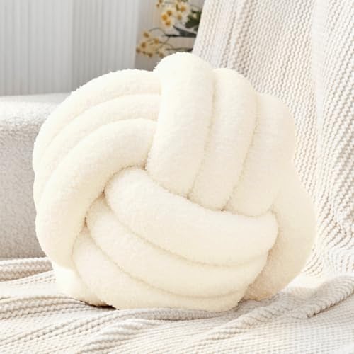 Petrella Ivory White Knot Ball Pillow, Handmade Soft Lambswool Round Throw Pillow for Couch, Bed and Living Room Decor, Medium Knotted Accent Cushion, 11 Inch - color: White, size: 11inch