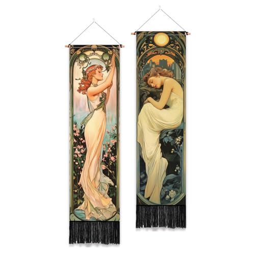 PLIGREAT 2 Pack Mucha Style Vertical Tapestry Art Nouveau Poster Aesthetic Wall Hanging for Bedroom Bathroom Living Room Vintage Long Narrow Wall Hanging Dorm Room Home Art Decor - color: beige,green