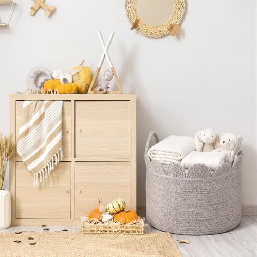 LemonRoad Brown Variegated Round Basket Large Blanket Basket 15.8" L X 15.8" W X13.8" H Scalloped Woven Baskets Cotton Storage Baskets for Nursery Classroom Closet Blankets Storage Home Decor - color: Brown Variegated, size: 15.8" L X 15.8" W X13.8" H
