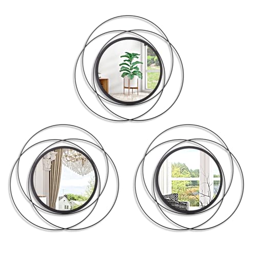 Black 3 Pcs Decorative Wall Mirror Circle Modern Mirror Round Art Ring Metal Mirrors Wall Decor Wall Mounted Mirror for Living Room Bedroom Dining Room Hallway Entryway 12" - color: Round-black, size: 3 Set 12"L x 12"W
