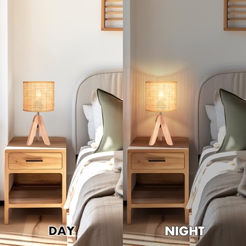 Hamilyeah Tripod Lamps for Night Stands Set of 2, Boho Bedside Lamps with Wicker Shade, Woven Table Lamps for Living Room with On/Off Switch, Wood Desk Lamps for Bedroom - color: Wood Wicker 2 PACK