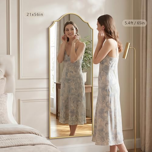 Besdomus Scalloped Full Length Mirror: 21"x56" Gold Arched Floor Mirror - Minimalist Modern Wooden Frame Body Long for Wall/Bedroom/Cloakroom/Entryway/Living Room - Home Decor for Housewife - color: Gold Leaf, size: 56"L x 21"W