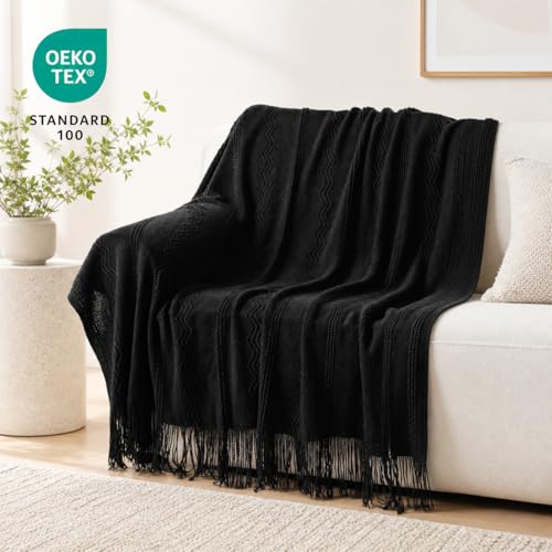 BATTILO HOME Black Throw Blanket with Fringe, Bed Throws for Home Decor, Decorative Black Knit Throw for Couch Sofa, 50"x60" - color: Black, size: 50 x 60 in.