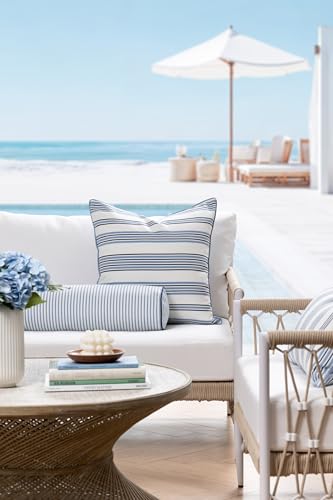 Hofdeco Premium Coastal Hampton Outdoor Performance Bolster Pillow Cover Only, 6"x20" Water Repellent, UV and Fade Resistant for Backyard, Couch, Poolside, Azure Blue Indigo Woven Coastline Stripes - color: Azure Blue Indigo Coastline Stripes 6"x20"