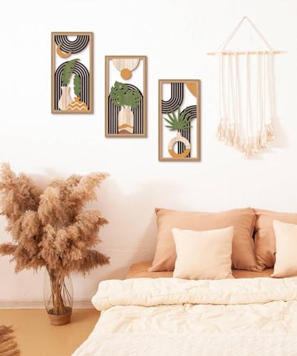 Putuo Decor Boho Abstract Wall Art Set of 3, Modern Minimalist Wooden Wall Decor, Geometric Aesthetic Botanical Artwork, Mid-Century Modern Design for Living Room, Bedroom, Office, Black 16.5 x 8.6 - color: Black