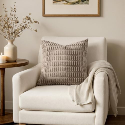 MIULEE Pack of 2 Corduroy Decorative Throw Pillow Covers 12x12 Inch Soft Boho Striped Pillow Covers Modern Farmhouse Home Decor for Sofa Living Room Couch Bed Light Brown - color: Light Brown, size: 12" x 12" (Pack of 2)