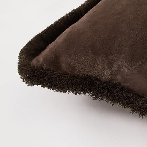 JUSPURBET Pack of 2 Coffee Decorative Fringe Velvet Throw Pillow Covers 22x22 for Home Decor Living Room Bedroom Car Boho Soft Cushion Cover with Hidden Zipper Machine Washable - color: Coffee, size: 22" x 22" (Pack of 2)