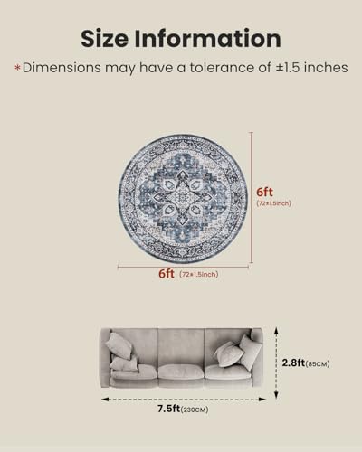 AMADA HOMEFURNISHING Round 6ft Area Rugs, Low-Profile Washable Rug with Non-Slip Backing & Durable Edge Binding, Vintage Rugs for Living Room, Bedroom, Dinning Room - color: Blue, size: 6' (Round)