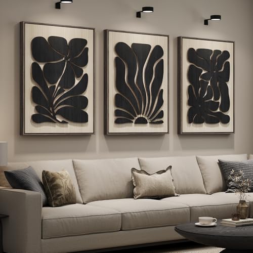 Framed Textured Wood 3D Wall Art for Living Room, Large Boho Floral Black and Beige Artwork for Walls, 3 Piece Abstract Bohemian Flower Wood 3D Art for Office Bedroom Hallway Wall decor, 24x36 Inch - color: Black Beige, size: 24" W x 36" H x 3Pcs