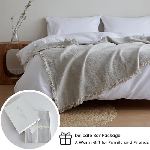 Simple&Opulence 100% Linen Throw Blanket 55x75 inches, Farmhouse Boho Tassel Blanket for Couch, Bed, Sofa, Breathable Natural Cozy Décor, Linen - color: Linen