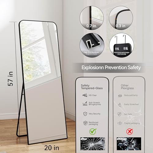 SCWF-GZ 57x20 Full Length Mirror Over The Door Hanging, Floor Stand/Wall Mounted Aluminum Alloy Frame Dressing Mirror for Bedroom Living Room 57 inch Black - color: Black, size: 57"L x 20"W