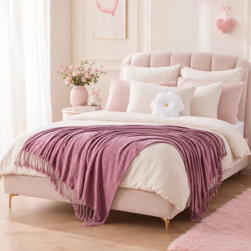 BATTILO HOME Pink Chenille Throw Blanket for Couch, Soft Cozy Textured Knit Throw Blanket with Handmade Fringe Tassels, Lightweight Decorative Farmhouse Blanket for Sofa Bed Chair, 50"x60" - color: Blush