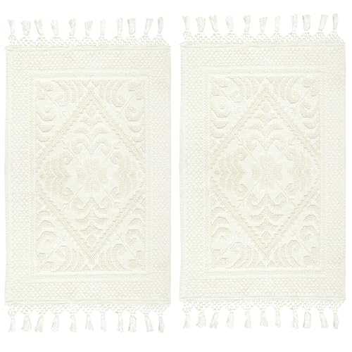 COTTON CRAFT Woven Area Rug - 2 Pack Cotton Jacquard Textured Rug - Boho Farmhouse Rustic Throw Rug with Fringe - Machine Washable Accent Mat for Bedroom Living Room Entryway Nursery - 20x32 - Ivory - color: Ivory - 2 Pack, size: 1'8" x 2'8" (Rectangular)