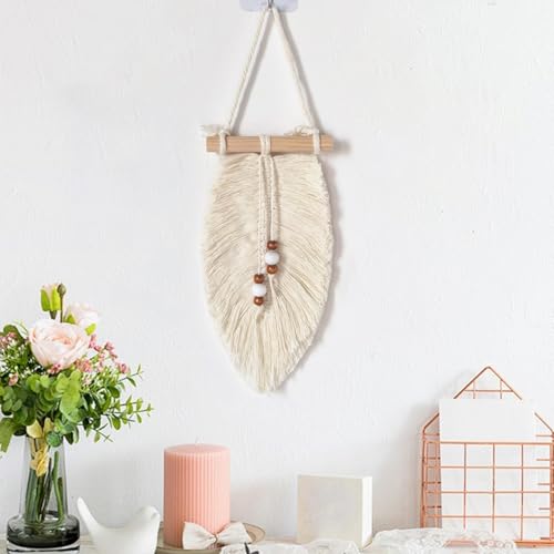 Megsv Handwoven Macrame Leaf Wall Hanging with Wood Beads - Natural Cotton Rope Wall Art for Boho Chic Home Decor, Rustic Interior Design (White)