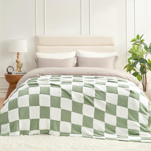 Snuggle Sac Faux Fur Checkered Blanket Twin Size with Soft Knitted Microfiber,Cozy Soft Warm Blanket for Sofa Bedroom Living Room,St Patricks Day Gift,Sage Green Checker,60x80 inches - color: Green White, size: Twin(60"x80")