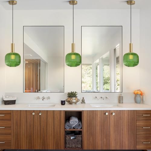 BOKT Mid Century Green Glass Pendant Lights 2-Light Mini Globe Ceiling Pendant Light Ribbed Glass Pendant Light Gold Finish Hanging Light Fixture for Kitchen Island Foyer - color: Green-2 Pack