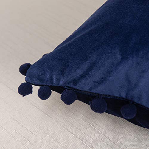 Elegant Comfort POM-POMS Fringe Velvet Cushion Covers Set of 2, Velvet Soft Solid Decorative Square Throw Pillow Covers Set Cushion Case for Couch Bed, Livingroom 18 x 18 Inch (45 x 45 cm), Navy Blue - color: Navy Blue, size: 18" x 18" (Pack of 2)
