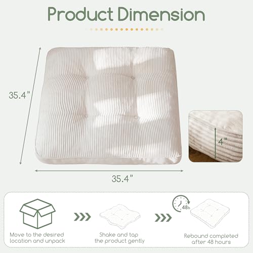 HIGOGOGO 35" Floor Pillow Cushion for Adults, Meditation Cushion Pillow, Extra Large Square Floor Sitting, Tufted Corduroy Cover for Tatami Living Room or Yoga, Beige - color: Beige, size: 4" Thick Square