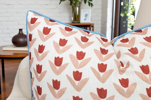 VAGMINE Scandi Folk Tulip 20x20 Inch Throw Pillow Cover - Red Blush Block Print Pattern on Textured Polyester - Cushion Case for Couch Sofa - Vamika Motif - color: Vamika Motif, size: 20" x 20" (Pack of 1)