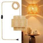 plug in pendant light rattan hanging lamp with 14.7ft Hemp Rope，Dimmable boho pendant lamp with adjustable cord，high output wicker hanging light plug in Woven Shade for Bedroom Dinning Kitchen - size: 3 tier HL-8