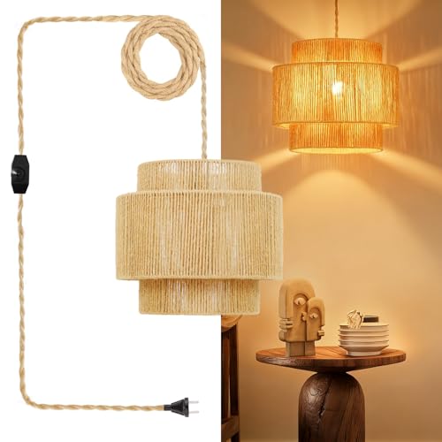 plug in pendant light rattan hanging lamp with 14.7ft Hemp Rope，Dimmable boho pendant lamp with adjustable cord，high output wicker hanging light plug in Woven Shade for Bedroom Dinning Kitchen - size: 3 tier HL-8