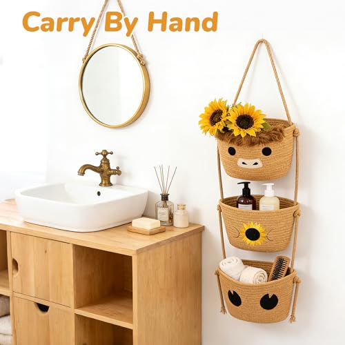 3 Tier Hanging Highland Cow Fruit Basket-Woven Cotton Wall Basket, Hanging Oval Produce Over Door Decorative Vegetable Gift Storage 0rganizer Bin for Kitchen, Bedroom, Bathroom, Nursery - color: Beige