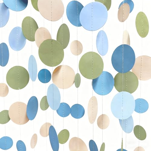 Dusty Blue and Sage Green Beige Polka Dot Garland Olive Green Dusty Blue Cream Nude Hanging Paper Circle Dots Streamer for Birthday Baby Shower Wedding One Silly Goose Theme Party Decorations Supplies - color: Blue Green Beige