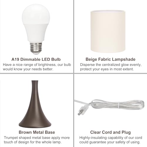 3 Way Touch Control Table Lamp, Modern Bedside Lamp Dimmable Nightstand Lamp with Beige Shade and Dark Brown Base, Small Desk Lamp for Living Room, Dorm, Home Office, 9W LED Bulb Included - color: Brown Base with Beige Shade