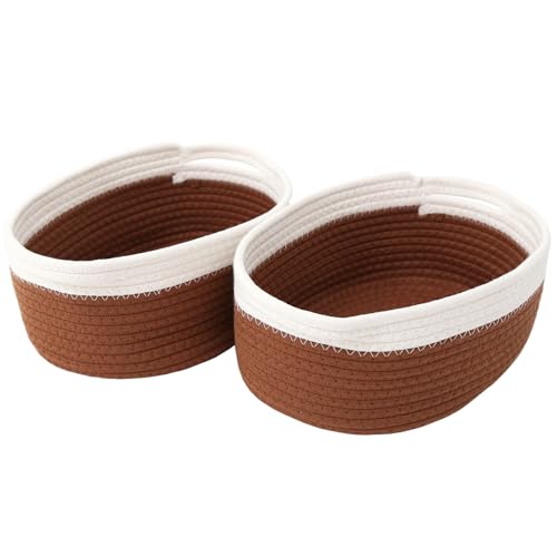 JMvicyroam Woven Basket,Small Rope Storage Bin with Handles & Ribbon Bag, Organizer for Shelves Closets,Gift Basket Empty for Birthday,Books,Dog Toys, White&Brown/2 Pack - color: White&Brown, size: 2 Pack