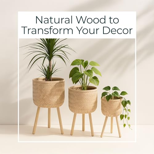 Set of 3 Decorative Planter Pots with Wooden Legs – Bamboo & Pine – Indoor & Outdoor Modern Plant Pot – Decorative Pots for Plants & Home Decor Planters – 22", 26", 30", White - color: Woven White, size: 26" H