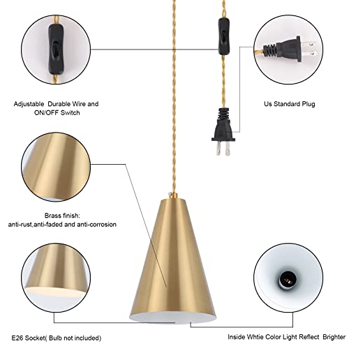 Gold Plug In Pendant Light,Hanging Lights With Plug In Cord On/Off Switch, Mini Brass Pendant Lights for Kitchen Island,Modern Chandeliers Light Fixture with Metal Shade,Hanging Lamps for Bedroom - color: 1Pack gold-Plug in