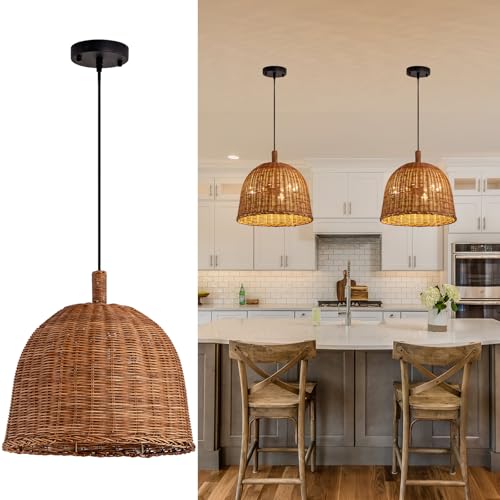 Rattan Pendant Light 13.8" Hand Weaving Wicker Dining Room Light 3-Light Boho Bracket Hanging Chandelier Fixture for Living Room Bedroom Kitchen Island Entry Hallway Farmhouse - color: Brown-13.81IN