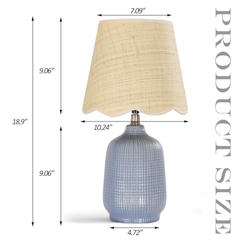 Pia Ricco 19" Modern Ceramic Table Lamp for Living Room Gray Blue Base Desk Lamps for Bedroom Farmhouse Bedside Nightstand Lamp End Table Lamps,Bule,Rattan Shade - color: Navy Blue Base