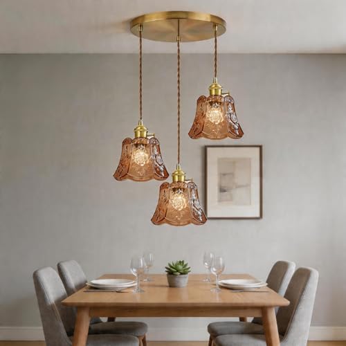 Amber Wind Chime Glass Pendant Light, 3 Natural Light Bulbs Included, Adjustable Cord with Switch, Hanging Lamp for Kitchen Island/Dining Room - color: Amber 3pcs Flower Pendant Light