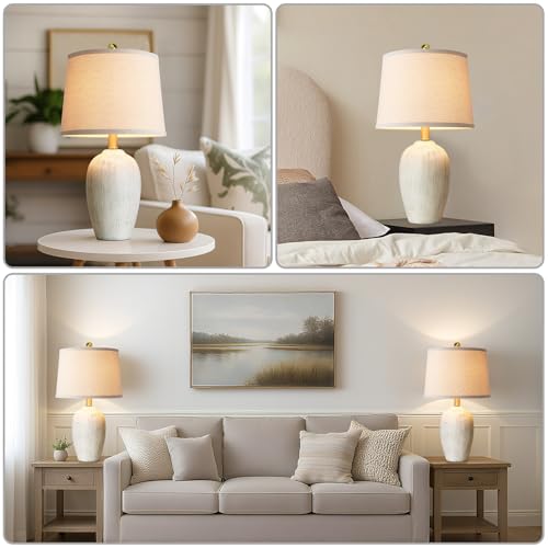 AIEAMPDO 21'' Set of 2 Rustic Ceramic Small Table Lamps for Living Room Bedroom, Farmhouse Vintage Nightstand Lamps for Office Entryway End Table, 2 Bulbs Included - color: Antique White