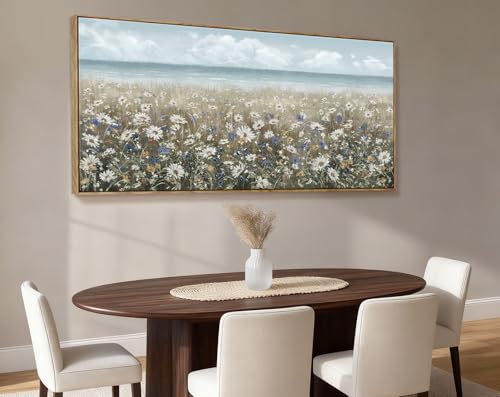 amatop Large Wall Art for Living Room Framed Boho Beach Coastal Floral Ocean Wall Picture Farmhouse Daisy Flower Sea Canvas Print Nautical Neutral Vintage Warm Artwork Home Bedroom Office Decor 48x24 - color: Coastal Flower Sea Art, size: 48"L x 24"W