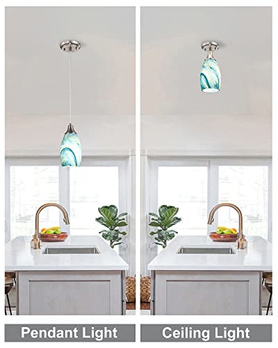 Art Glass Mini Pendant Lights for Kitchen Island Blown Art Glass Pendant Light Shade hanging ceiling lights with Brushed Nickel Finish for Kitchen Counter bar,Dining Room Blue Mixing Yellow-1P - color: Blue Mixing Yellow-1Pack