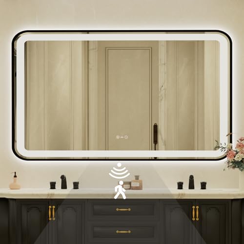 32x55 Inch Black Framed LED Bathroom Mirror with Lights,Smart Bathroom Mirror,Motion Sensor,Tempered Glass,Anti-Fog,Stepless Dimmable & 3 Colors,Memory,Vanity Mirror for Wall - color: Black-with Sensor Lights, size: 32"L x 55"W