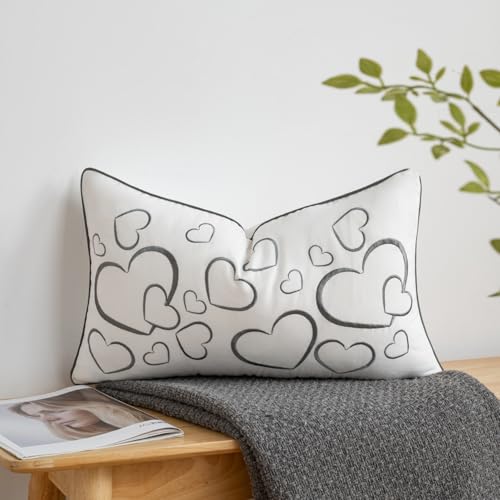 Sanmetex Embroidery Loving Heart Lumbar Pillow Covers, Soft Decorative Throw Pillow Case 12x20 Inches for Bed Bedroom Living Room and Home Décor Grey - color: Loving Heart, size: 20" x 12"