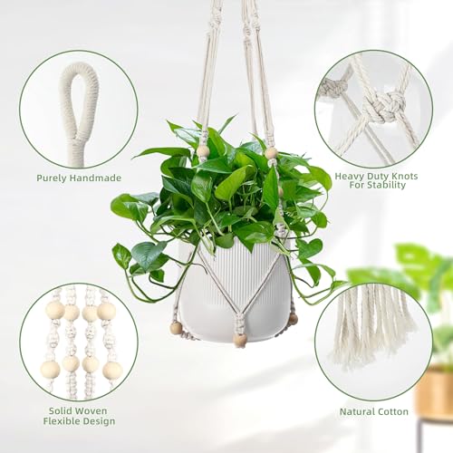 EWPJDK 3 PCS Macrame Plant Hanger Indoor Hanging Planter Basket with Wood Beads Plants Holder Decorative Flower Pot Holder (POTS NOT Included) (Ivory White)